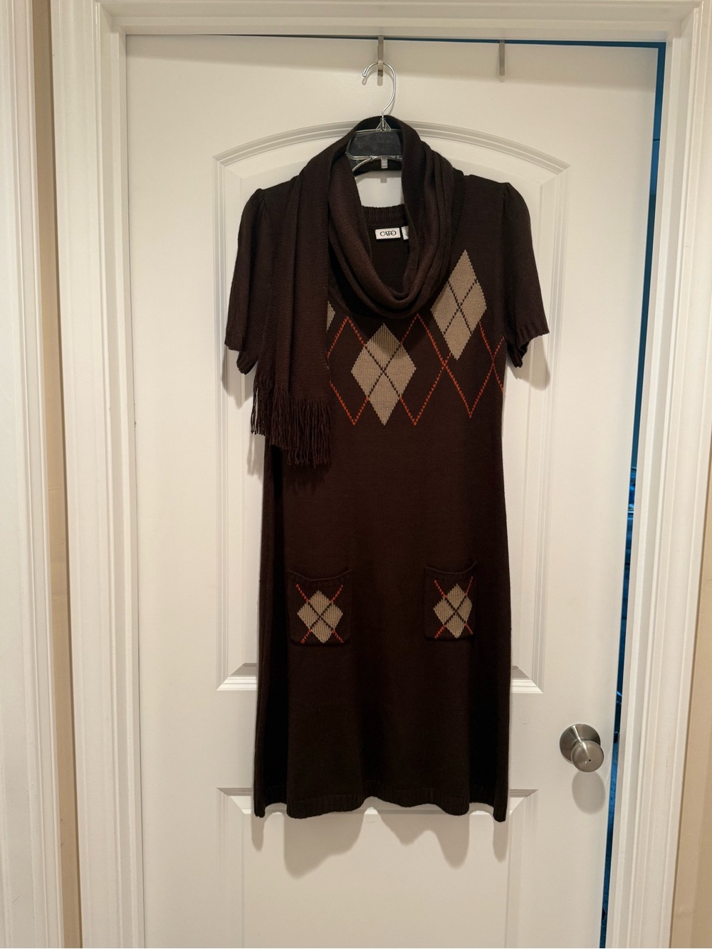 Cato Brown Argyle Cowl Neck Sweater Dress w/ Matching Scarf - Size Medium - Picture 2 of 16